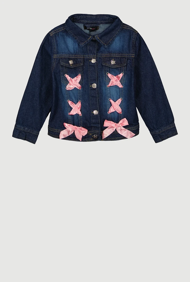 Little Girls Satin Bow Lace Up Detail Denim Jacket