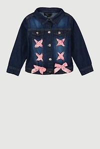 Little Girls Satin Bow Lace Up Detail Denim Jacket