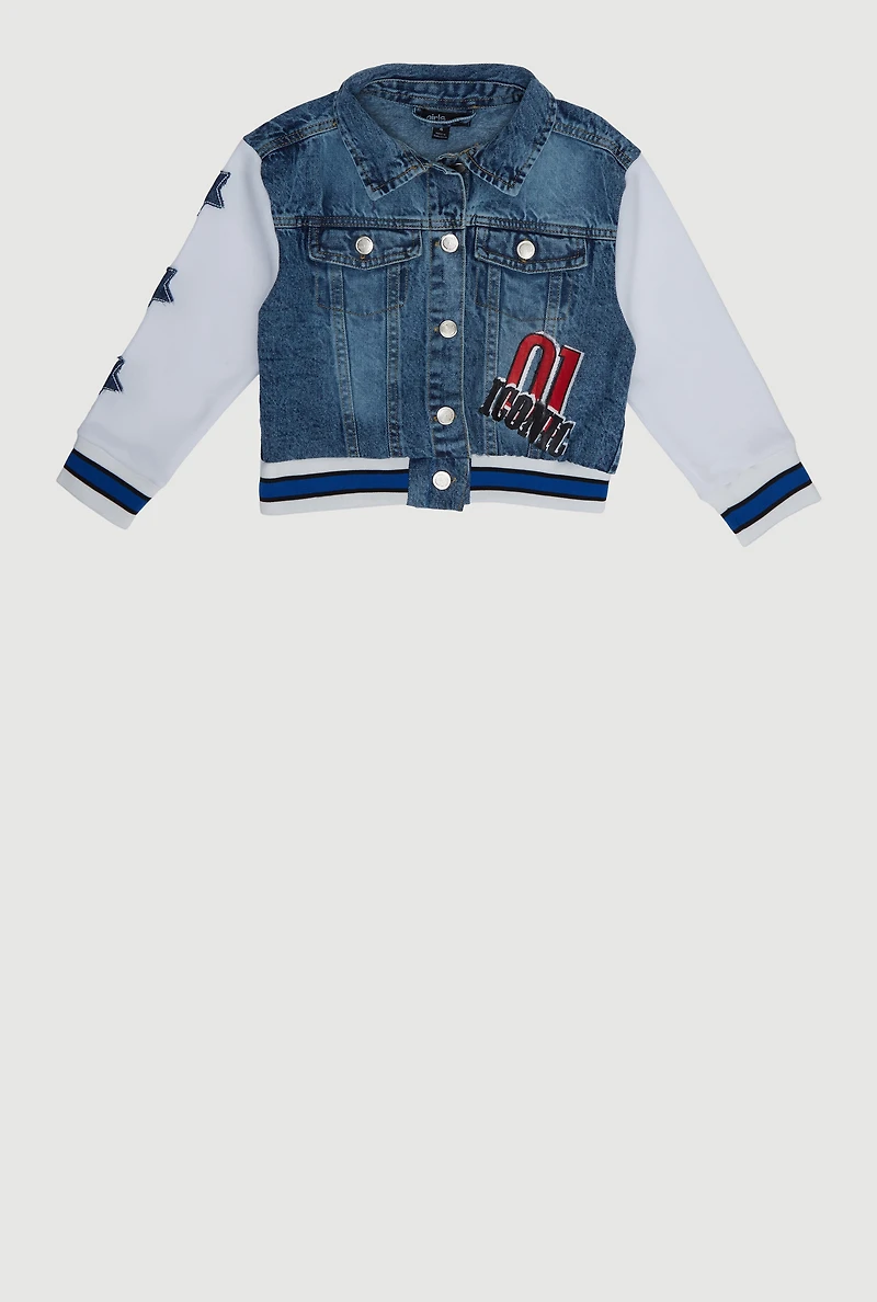 Little Girls 01 Iconic Fleece Sleeve Denim Jacket