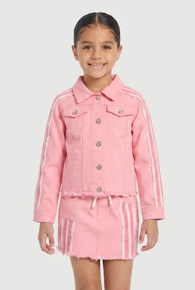Little Girls Varsity Striped Sleeve Button Front Jacket