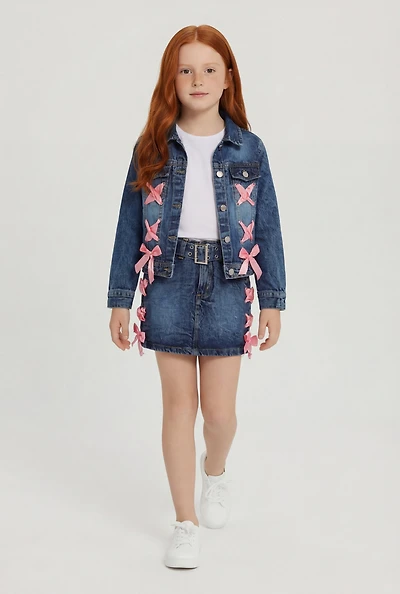 Little Girls Satin Lace Up Detail Belted Denim Skirt