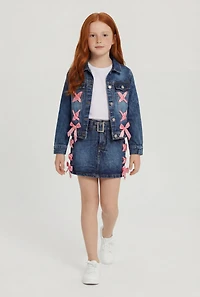 Little Girls Satin Lace Up Detail Belted Denim Skirt
