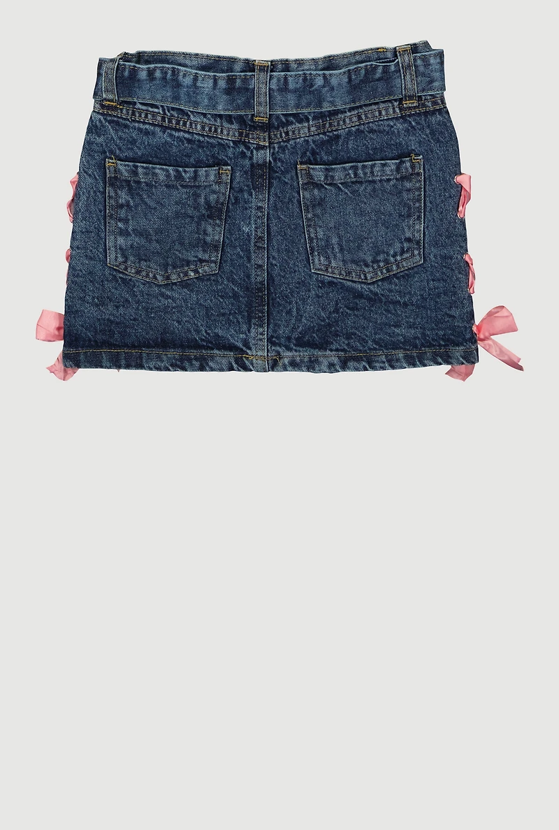 Little Girls Satin Lace Up Detail Belted Denim Skirt