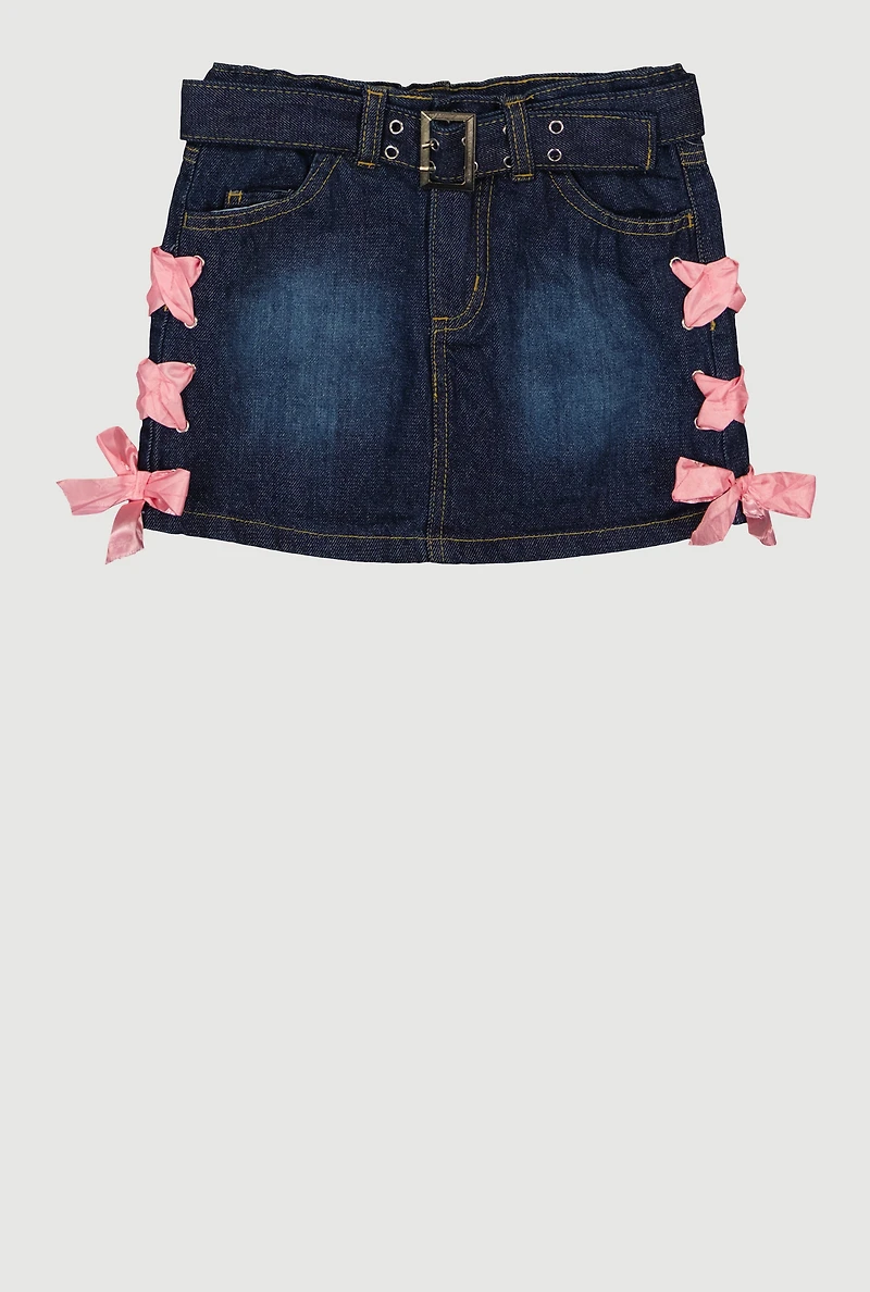 Little Girls Satin Lace Up Detail Belted Denim Skirt