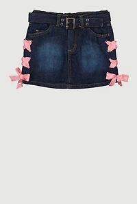 Little Girls Satin Lace Up Detail Belted Denim Skirt