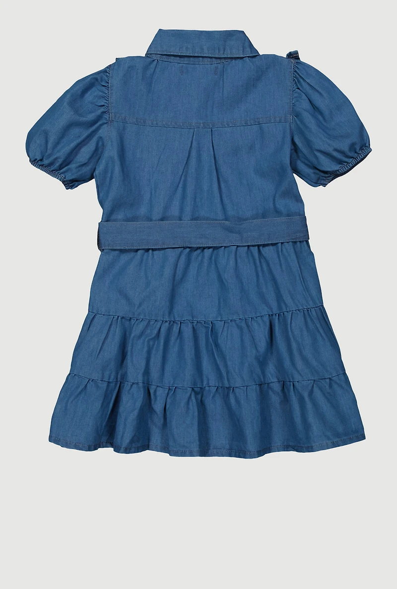 Little Girls Ruffle Detail Tiered Dress, Blue, Size 4