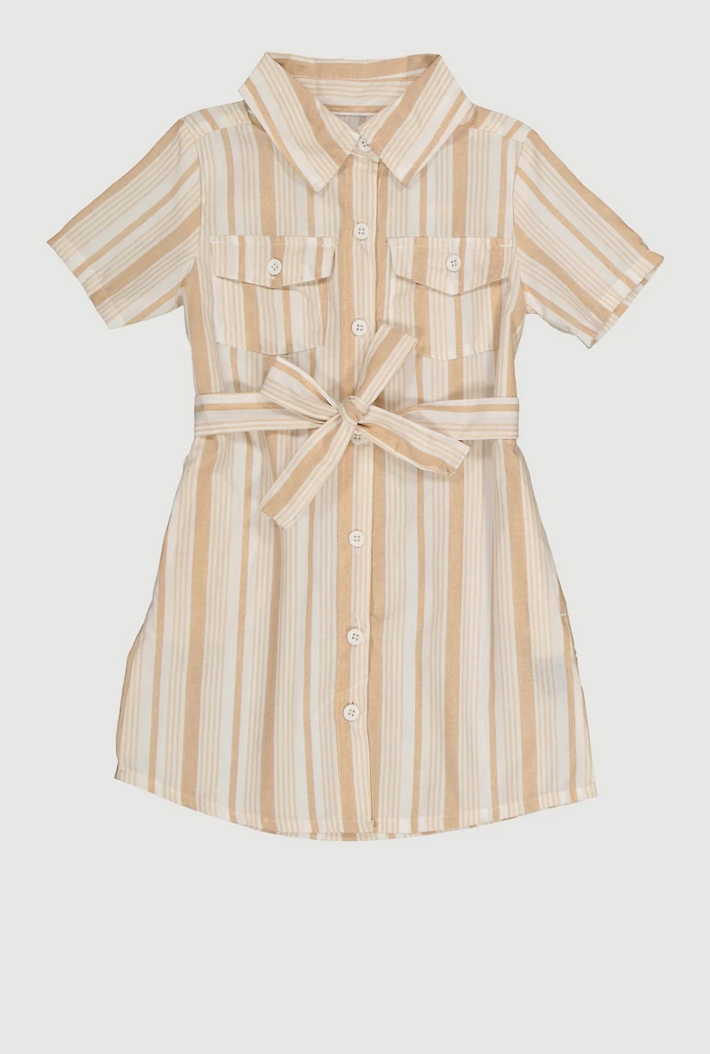 Little Girls Striped Tie Waist Belt Shirt Dress, Beige, Size 4