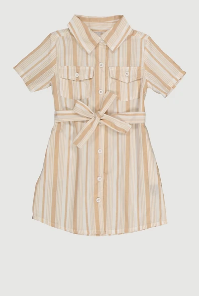 Little Girls Striped Tie Waist Belt Shirt Dress, Beige, Size 4