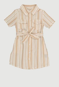 Little Girls Striped Tie Waist Belt Shirt Dress, Beige, Size 4