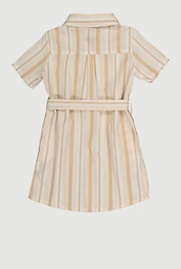 Little Girls Striped Tie Waist Belt Shirt Dress, Beige, Size 4