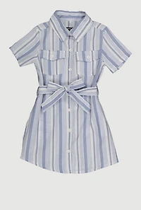 Little Girls Striped Tie Waist Belt Shirt Dress, Blue, Size 4