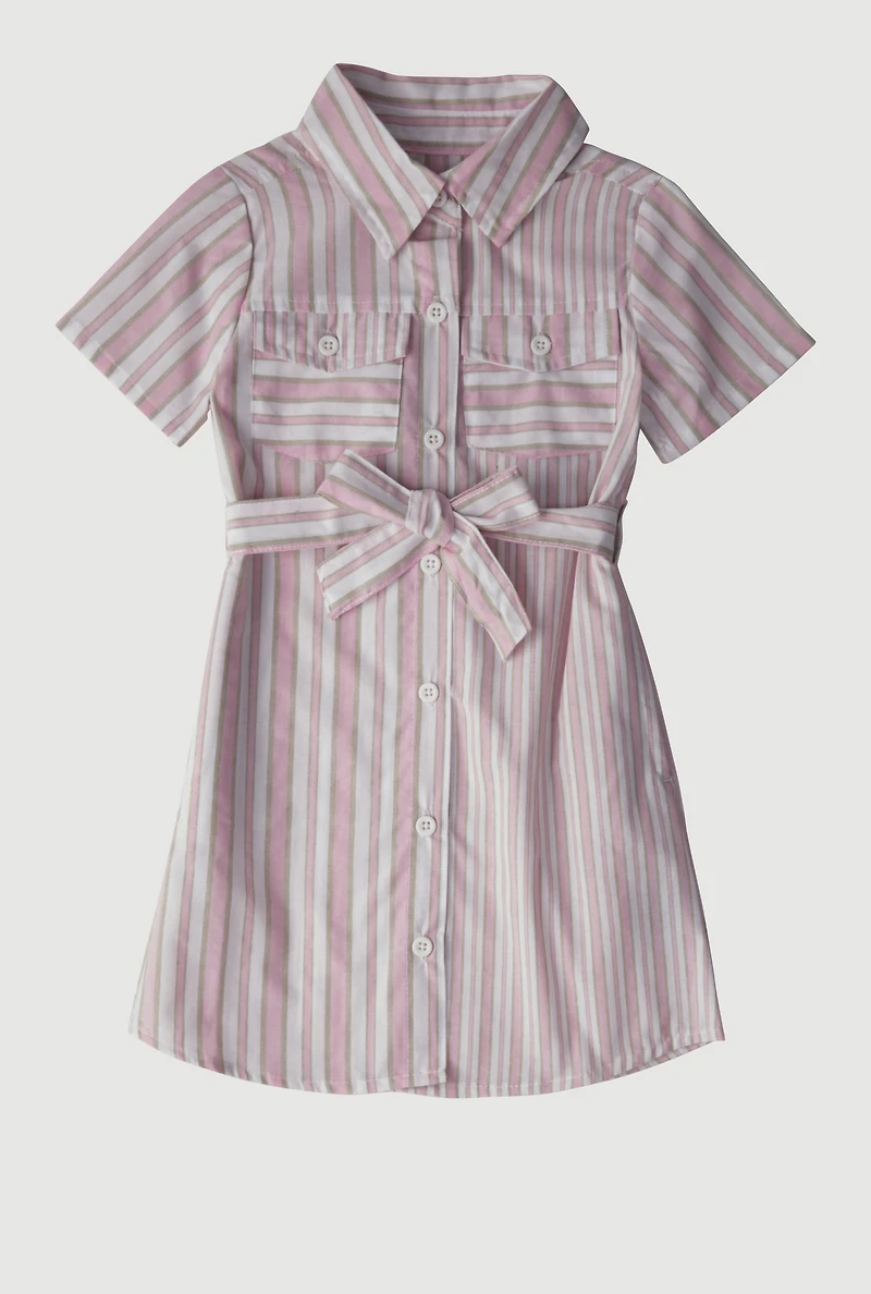 Little Girls Striped Tie Waist Belted Shirt Dress, Pink, Size 4