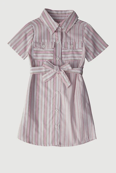 Little Girls Striped Tie Waist Belted Shirt Dress, Pink, Size 4