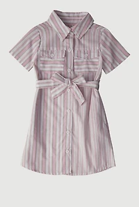 Little Girls Striped Tie Waist Belted Shirt Dress, Pink, Size 4