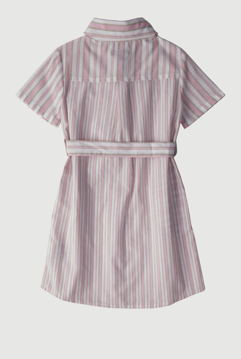 Little Girls Striped Tie Waist Belted Shirt Dress, Pink, Size 4