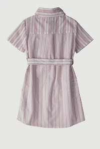 Little Girls Striped Tie Waist Belted Shirt Dress, Pink, Size 4