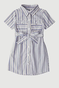 Little Girls Striped Tie Waist Belted Shirt Dress, 6X