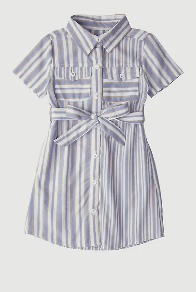 Little Girls Striped Tie Waist Belted Shirt Dress, Blue, Size 4