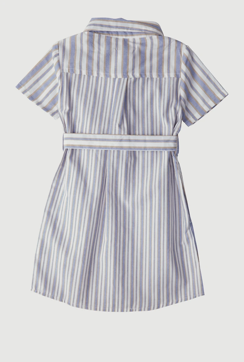 Little Girls Striped Tie Waist Belted Shirt Dress, Blue, Size 6X