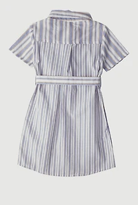 Little Girls Striped Tie Waist Belted Shirt Dress, Blue, Size 6X