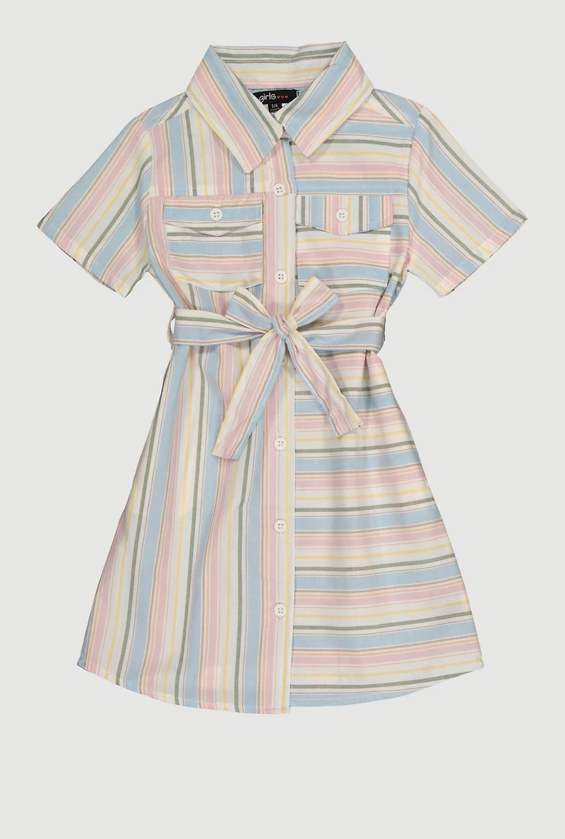 Little Girls Striped Tie Waist Belted Shirt Dress, 4