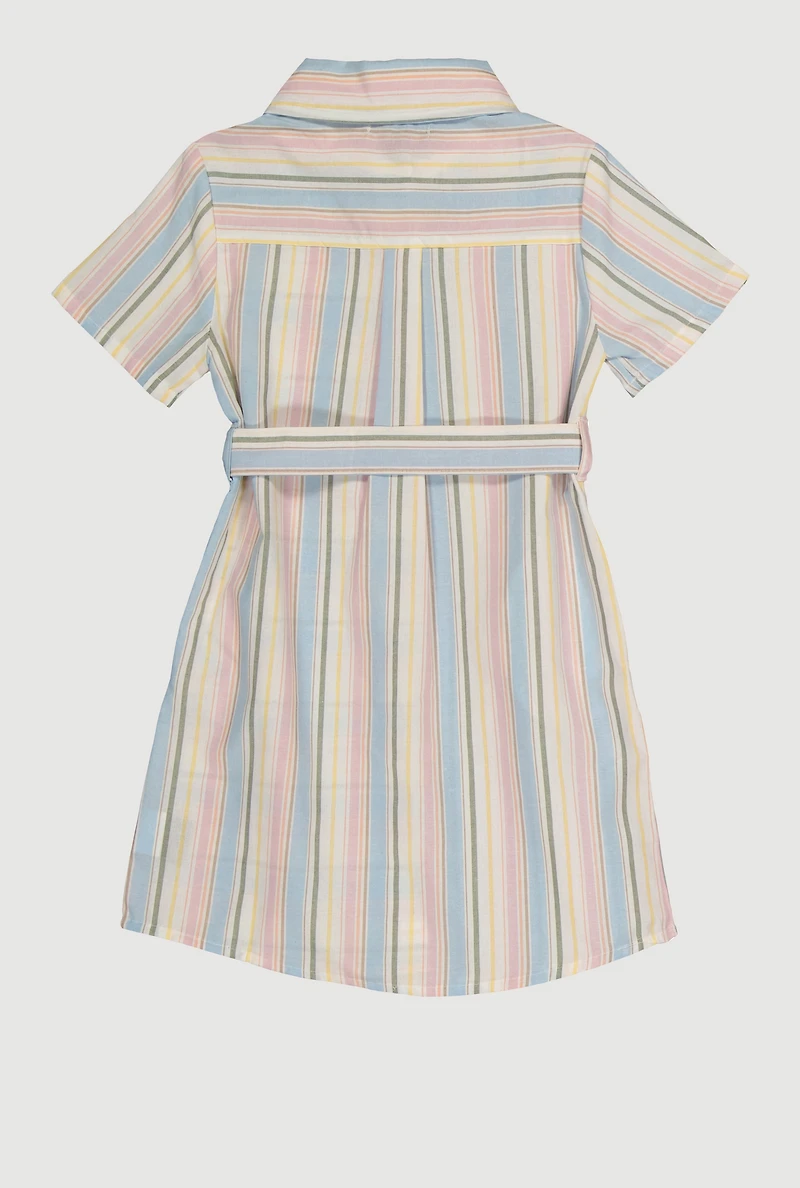 Little Girls Striped Tie Waist Belted Shirt Dress, 4