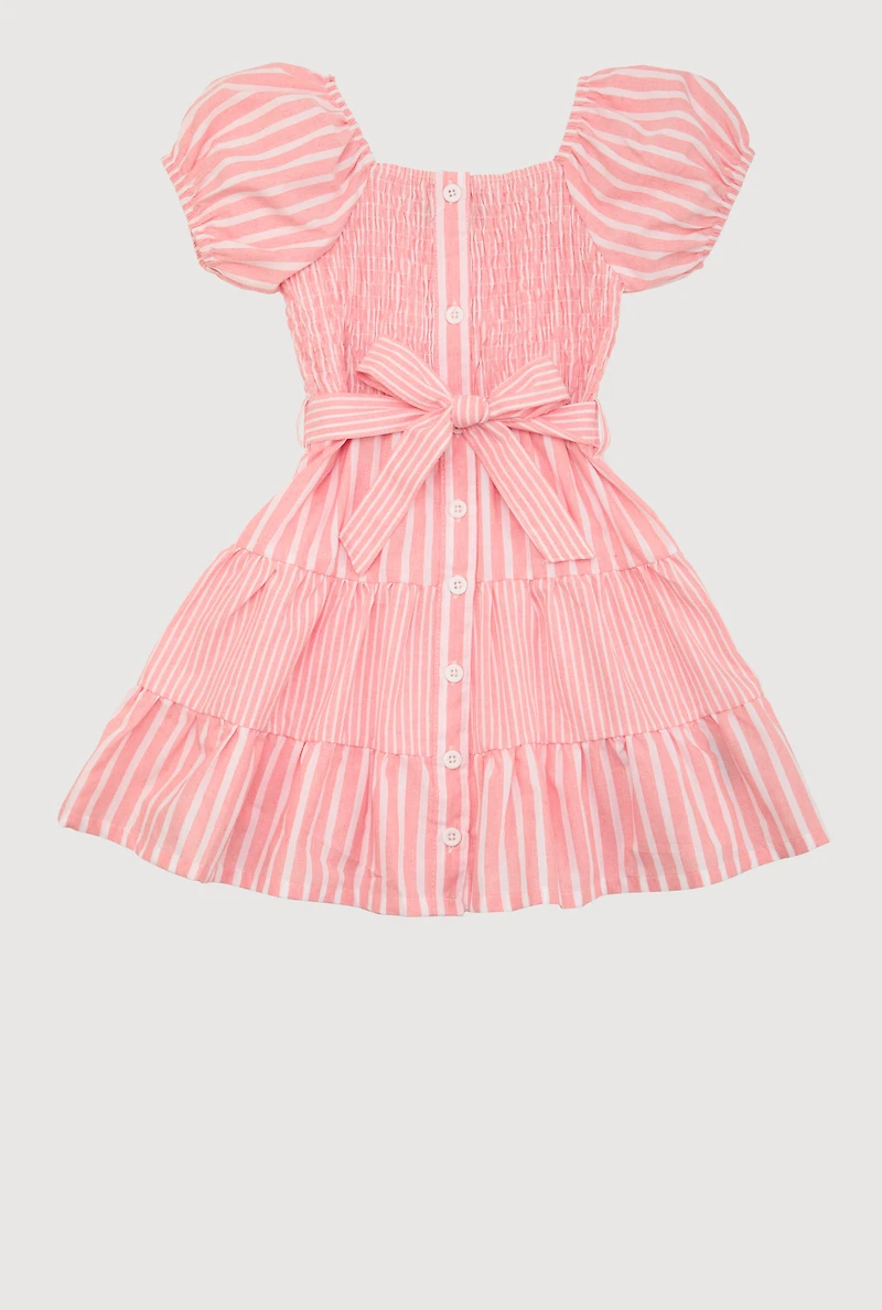 Little Girls Smocked Button Front Tiered Dress, Pink, Size 6X