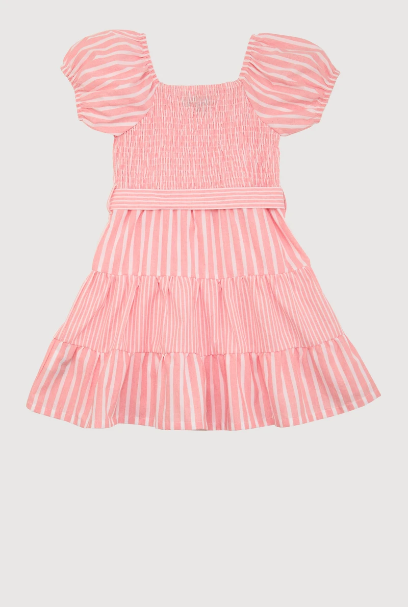 Little Girls Smocked Button Front Tiered Dress, Pink, Size 6X