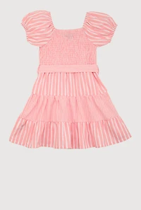 Little Girls Smocked Button Front Tiered Dress, Pink,