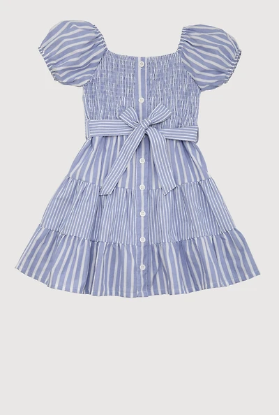 Little Girls Smocked Button Front Tiered Dress, Blue, Size 5-6