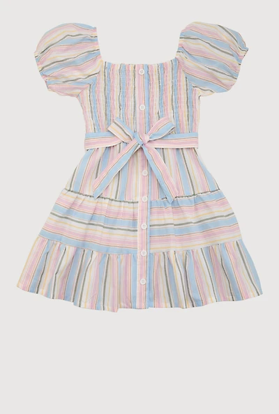 Little Girls Smocked Button Front Tiered Dress, Multi, Size 5-6