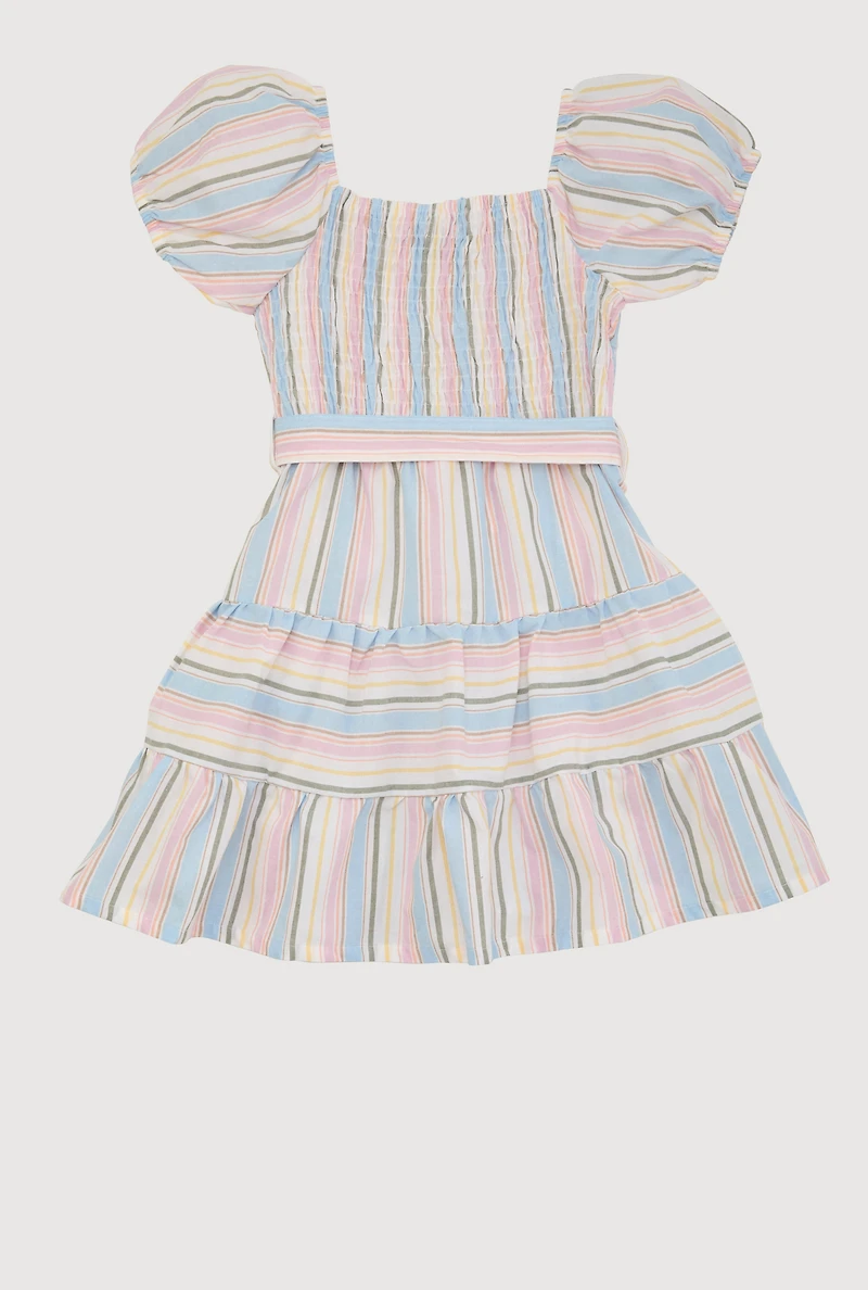 Little Girls Smocked Button Front Tiered Dress, Multi, Size 5-6