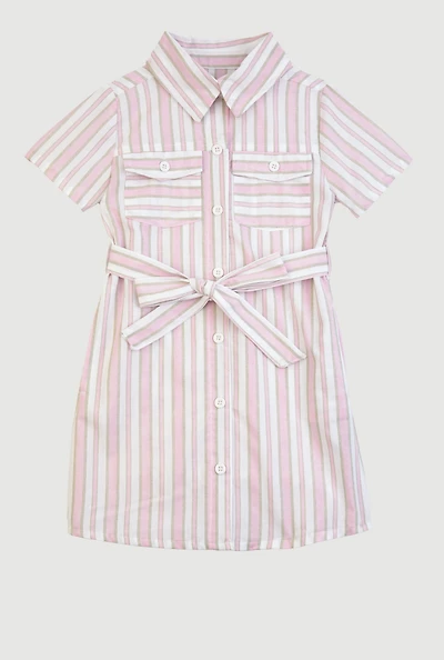 Little Girls Striped Short Sleeve Tie Waist Shirt Dress, Pink, Size 5-6