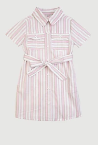 Little Girls Striped Short Sleeve Tie Waist Shirt Dress, Pink, Size 6X