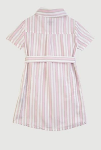 Little Girls Striped Short Sleeve Tie Waist Shirt Dress, Pink, Size 4