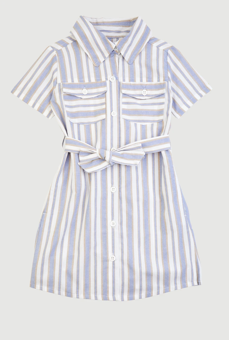 Little Girls Striped Short Sleeve Tie Waist Shirt Dress, Blue, Size 5-6