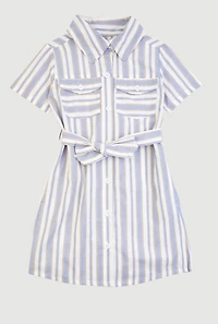 Little Girls Striped Short Sleeve Tie Waist Shirt Dress, Blue, Size 5-6