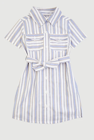 Little Girls Striped Short Sleeve Tie Waist Shirt Dress
