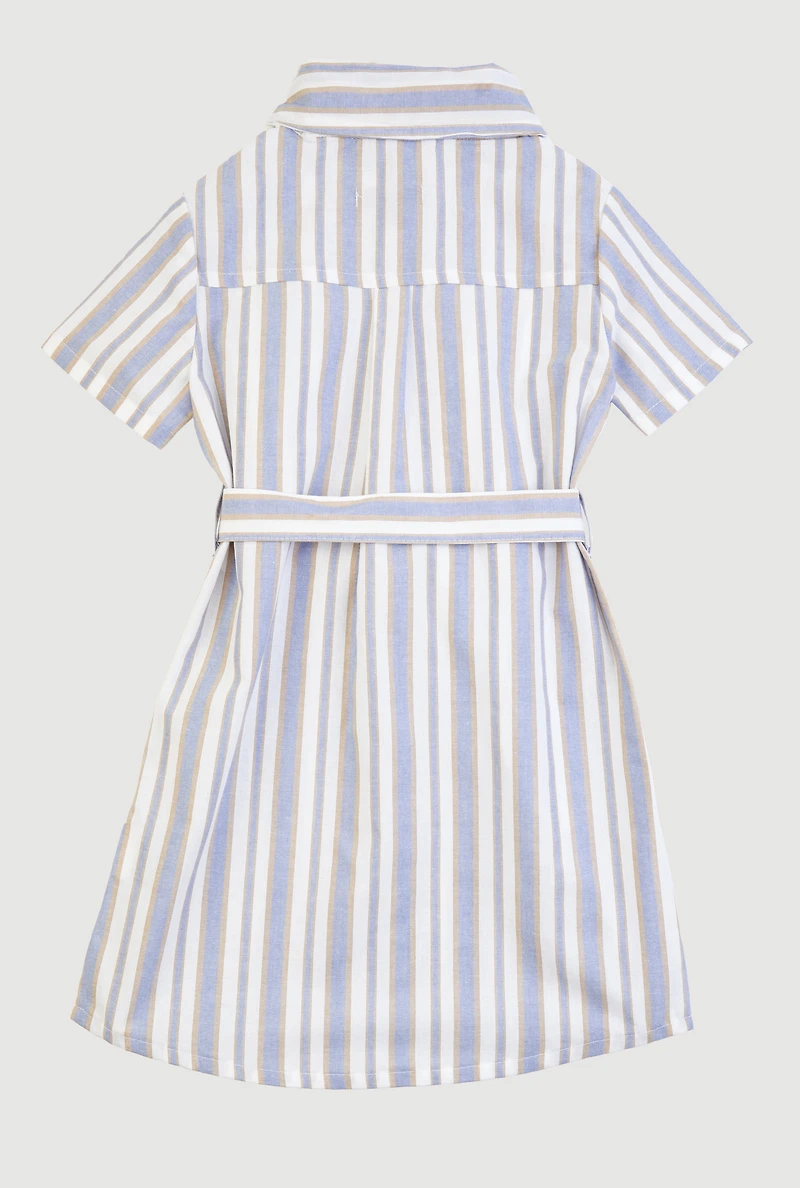 Little Girls Striped Short Sleeve Tie Waist Shirt Dress, Blue, Size 5-6