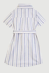 Little Girls Striped Short Sleeve Tie Waist Shirt Dress, Blue, Size 5-6