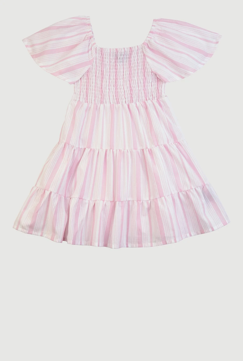 Little Girls Striped Smocked Tiered Dress, Pink, Size 4