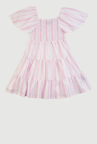 Little Girls Striped Smocked Tiered Dress, Pink, Size 4