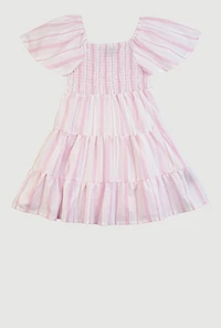 Little Girls Striped Smocked Tiered Dress, Pink, Size 4
