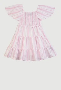 Little Girls Striped Smocked Tiered Dress, Pink, Size 4