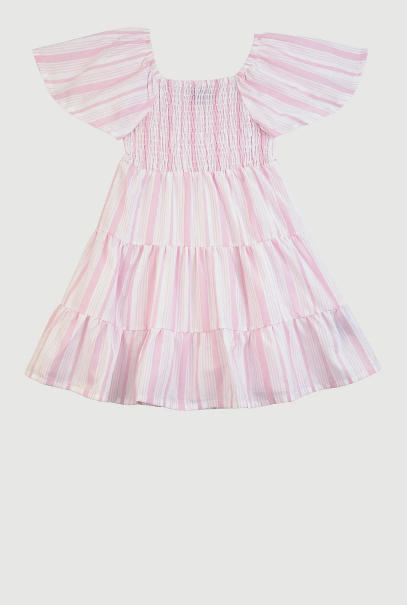 Little Girls Striped Smocked Tiered Dress, Pink, Size 6X