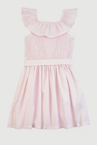 Little Girls Smocked Tie Waist Skater Dress, Pink, Size 6X