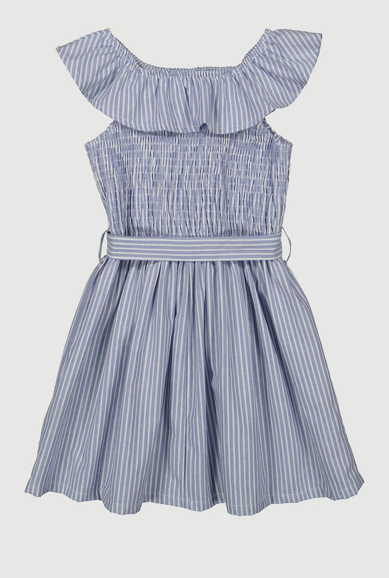 Little Girls Smocked Tie Waist Skater Dress, Blue, Size 4