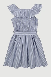 Little Girls Smocked Tie Waist Skater Dress, Blue, Size 4
