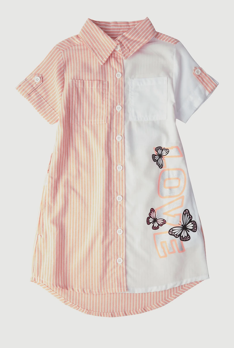 Little Girls Striped Love Butterfly Graphic Shirt Dress, Orange,