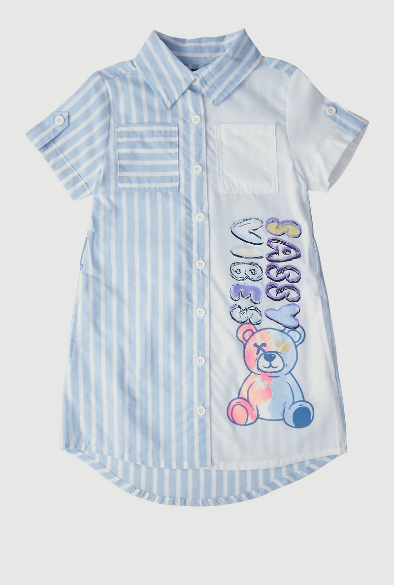 Little Girls Striped Sassy Vibes Graphic Shirt Dress, Blue, Size 4